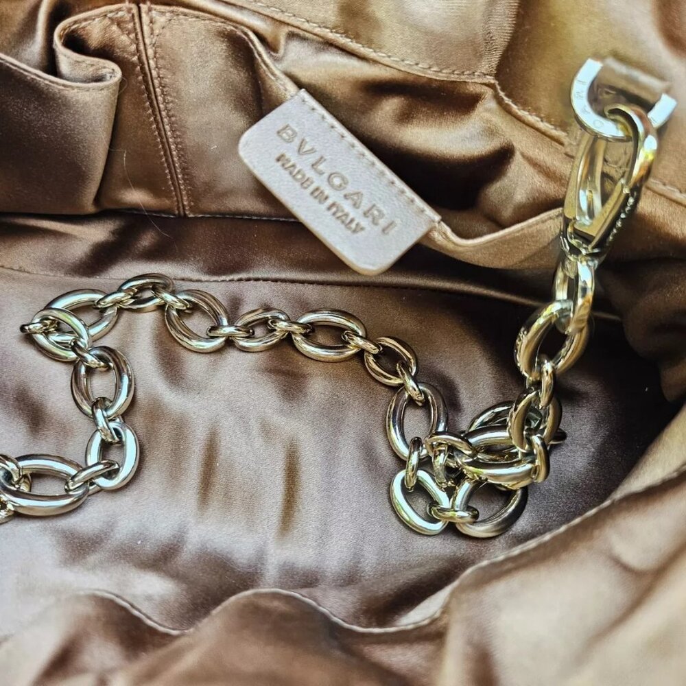 BVLGARI Handbag Metallic Brown Pleated Satin Clutch Gold Tone Hardware Purse - Picture 8 of 12